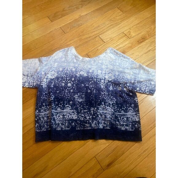 Pure Jill women's linen/cotton Blue & White Pattern open back Short Sleeve Top L - Picture 1 of 8